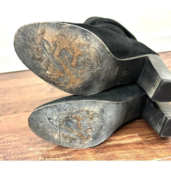 Free People Tennison Boots Size 37 Tall Black Suede Leather Pull On Heels Slouch - Picture 15 of 15